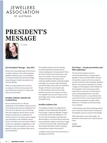 Jo Tory was president of the JAA and wrote: “The JAA along with event organiser, Moore Events, we are hosting a cocktail party to celebrate this worthy milestone. You simply need to register your attendance at the Jewellery Industry Summit.”