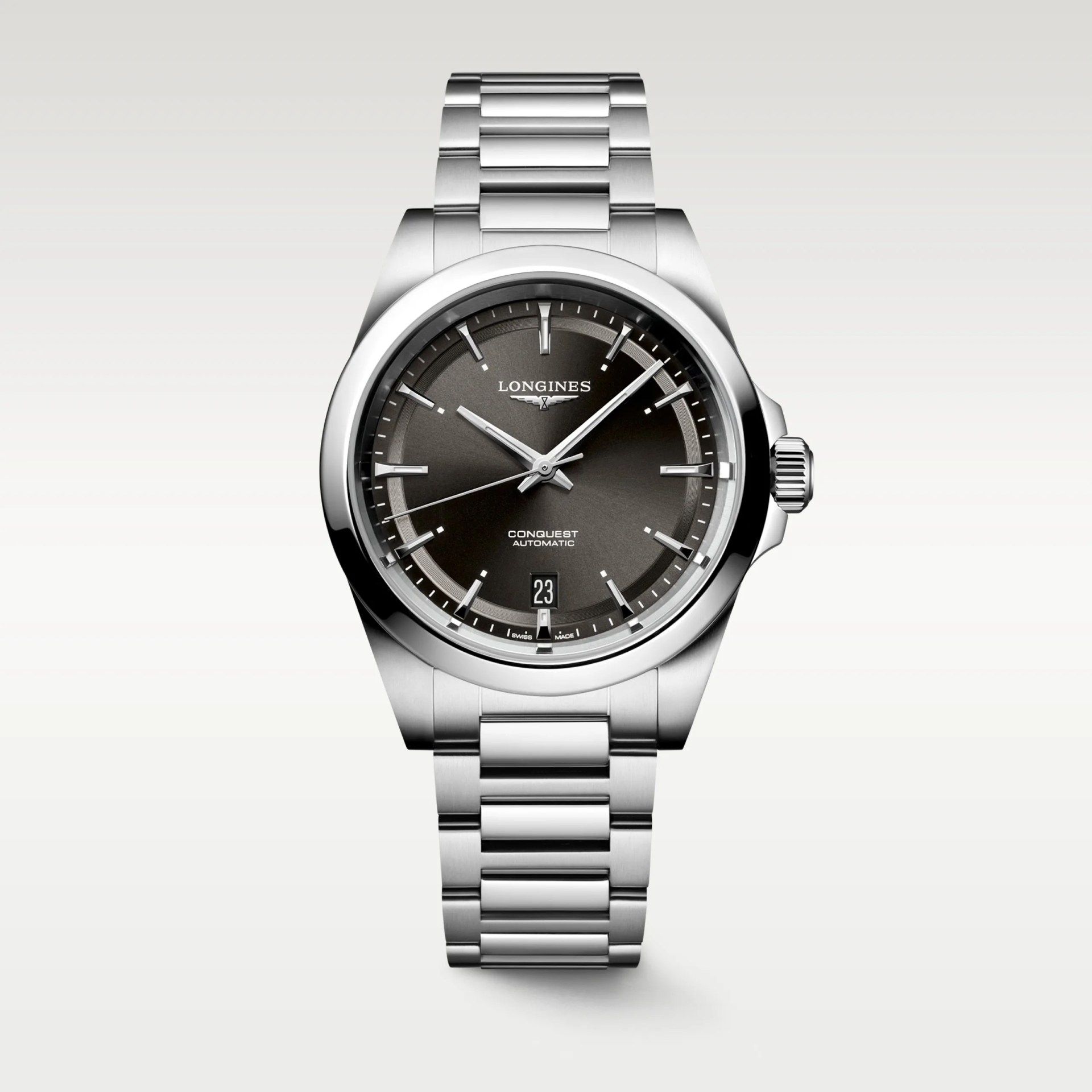 Silver stainless steel Longines Conquest Automatic watch with a dark gray dial and date display at 6 o'clock.