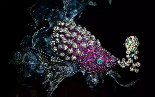 Chinese New Year mystical fish brooch by artisan jeweller, Wallace Chan
