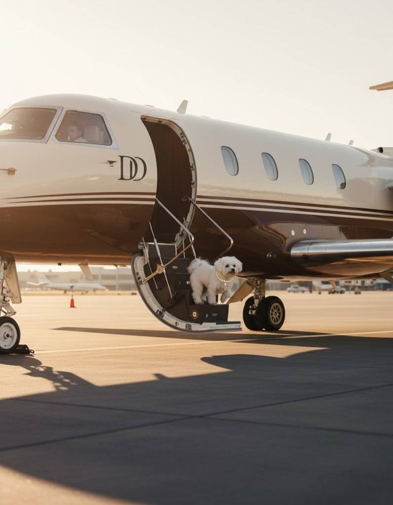 A small white dog with a gold chain necklace stands at the entrance of a private jet.