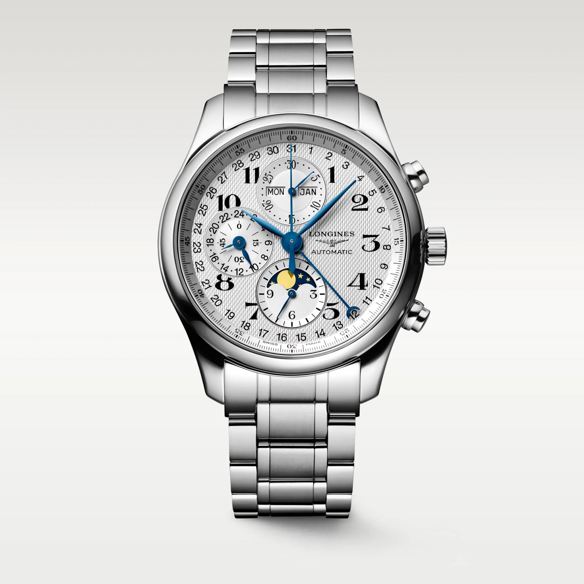 Silver stainless steel Longines automatic wristwatch with white textured dial, blue hands, moon phase, and date subdials.
