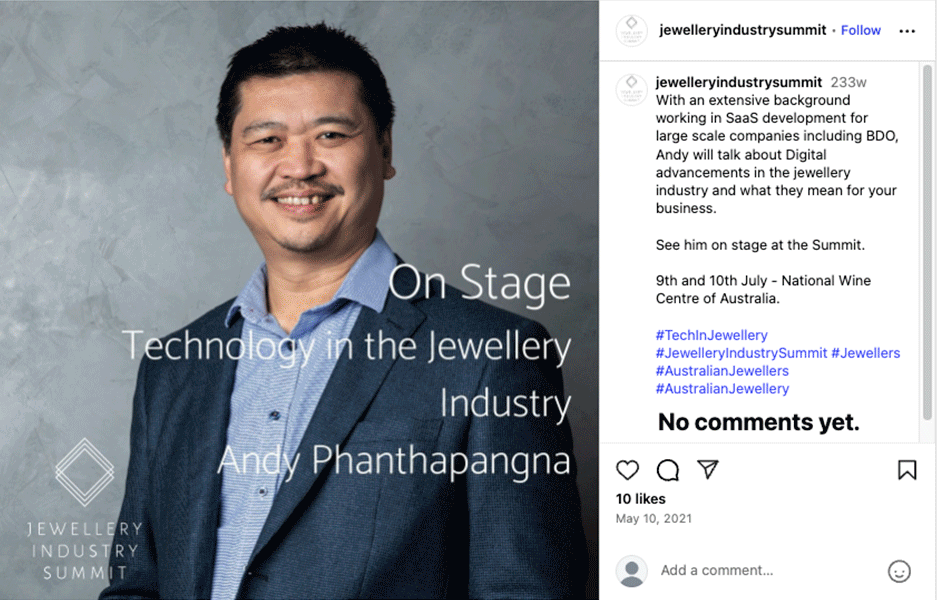 CONFUSED: Andy Phanthapangna from Apeirogon Technologies appeared as a speaker at the Jewellery Industry Summit; however, the company did not exist in 2021. It was only registered in August 2025, just ten days before the similarly named Apeirogon Pty Ltd was placed into liquidation.