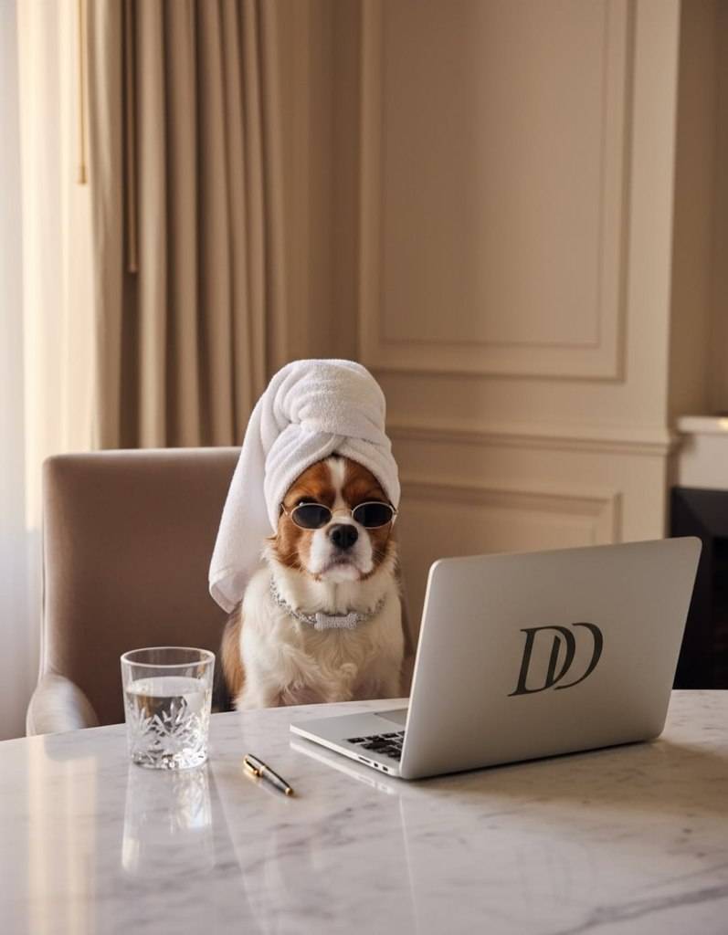 Dog with a towel wrapped around its head and sunglasses on, sitting at a table with a laptop.