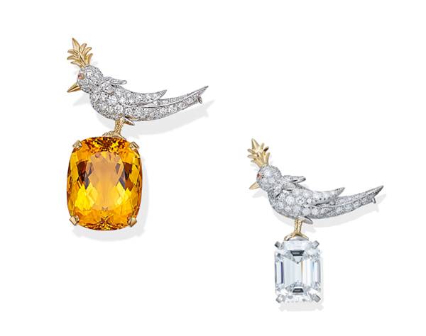 Tiffany citrine and diamond birds on a rock brooches