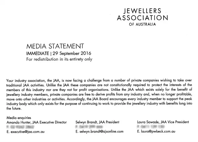 CHANGE OF MIND - A section of the 2016 JAA Media Statement ‘signed’ by Laura Moore (nee Sawade), Selwyn Brandt and Amanda Trotman (nee Hunter) saying the JAA is facing a challenge from companies wishing to take over traditional JAA activities and which “strip funds from the industry”.