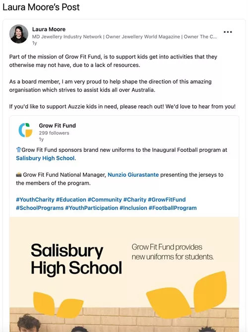 Laura Moore’s LinkedIn post not only details her connection to the children’s charity, it also demonstrates the many ways in which her and Phanthapangna