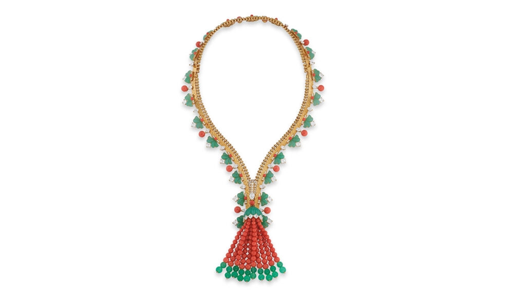 A Van Cleef & Arpels interchangeable zip necklace and bracelet features coral, chrysoprase and diamond at Phillips image