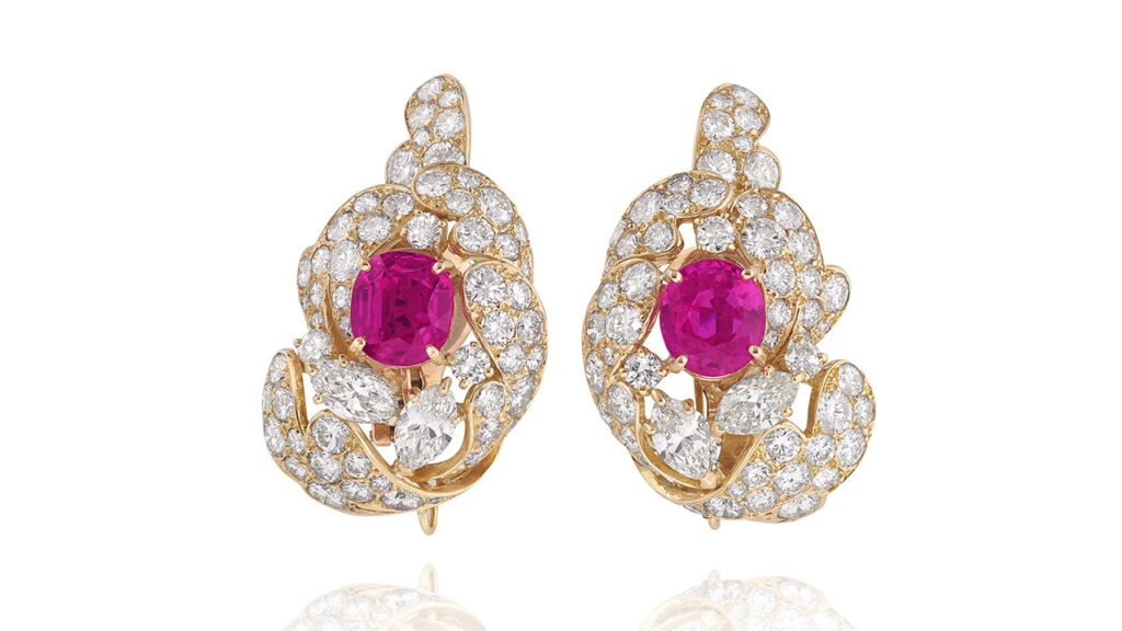 Ear clips from M. Gérard comprising Burmese pink sapphire and diamonds at Phillips image