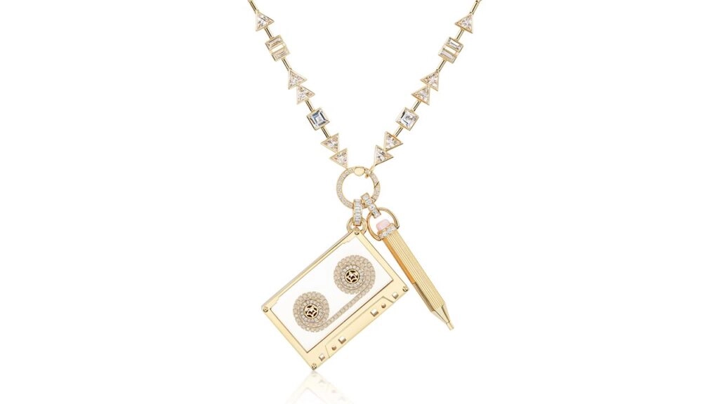 Sorellina Playlist necklace with Cassette Tape and Pencil pendants in 18-karat gold, featuring diamonds, rock crystal, topaz and opal image