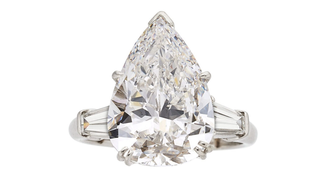 A pear-shaped, 7.50-carat, F, VVS2 diamond ring with tapered baguette-cut stones at Heritage Auctions image