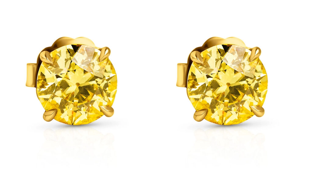 These stud earrings carry a round brilliant, 2.60-carat, fancy-intense-yellow and a round brilliant, 2.67-carat, fancy-vivid-yellow diamond at Joopiter image