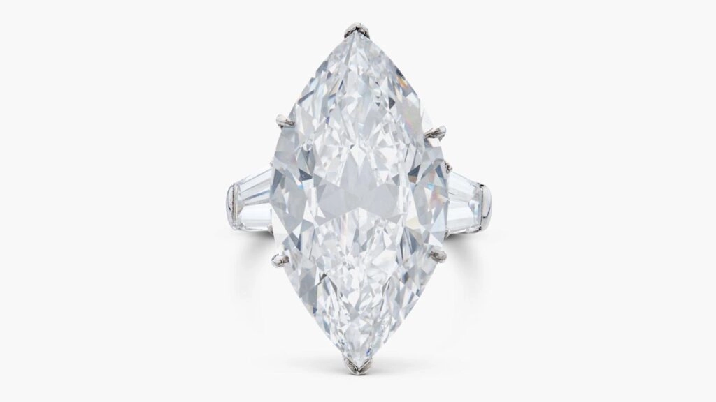 A Harry Winston ringcontaining a marquise-shaped, 13.76-carat, D-color, internally flawless diamond at Sotheby's image