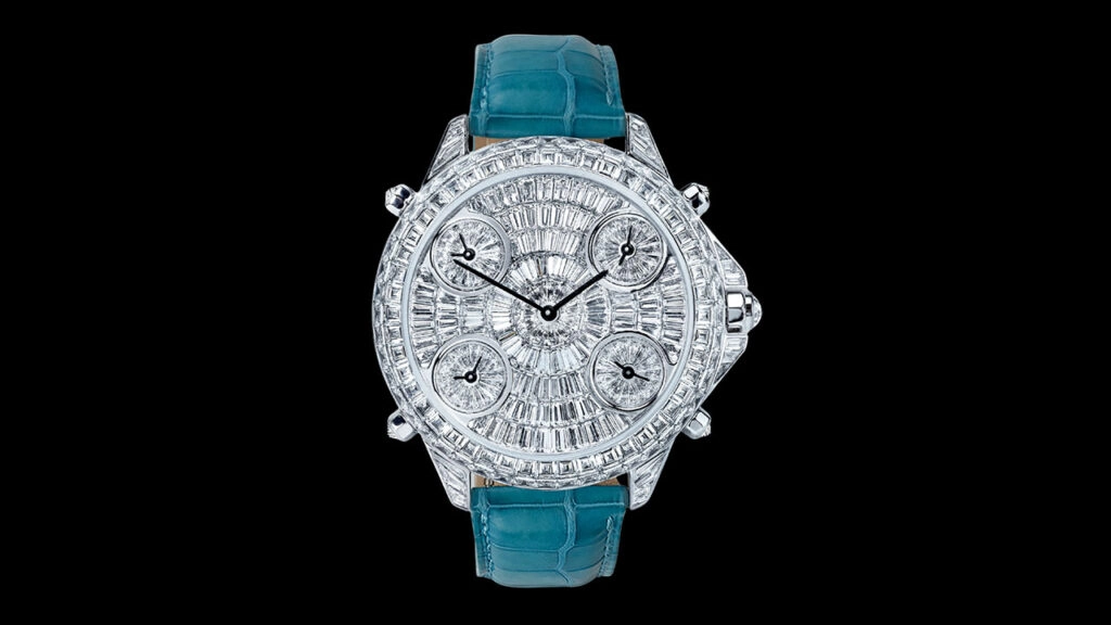 This Jacob & Co. diamond Five Time Zone Watch is dated early 2000s. It showcases over 300 baguette and rose-cut diamonds weighing around 28.86 carats at Joopiter image