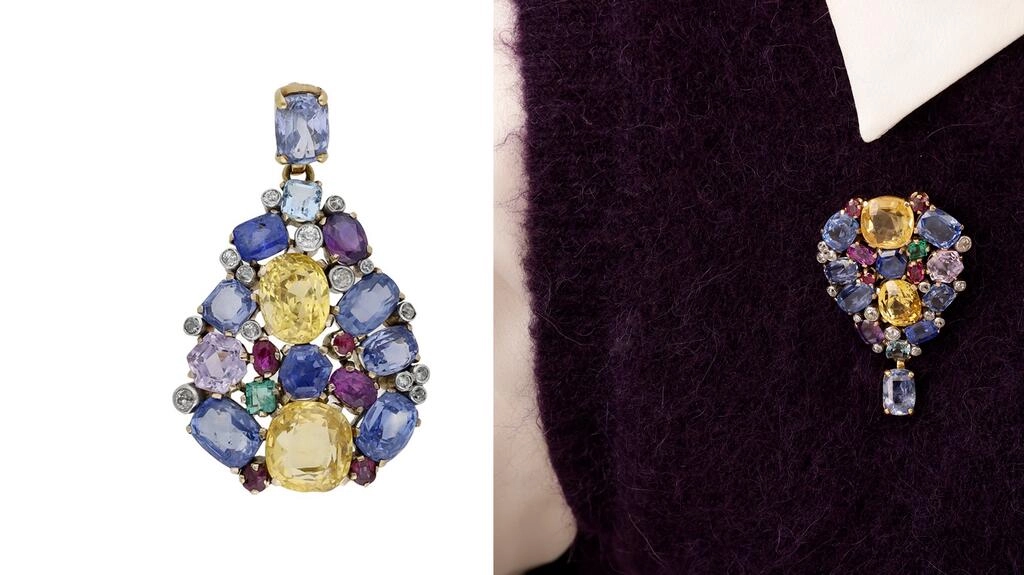 Diamond and gemstone brooch pendant