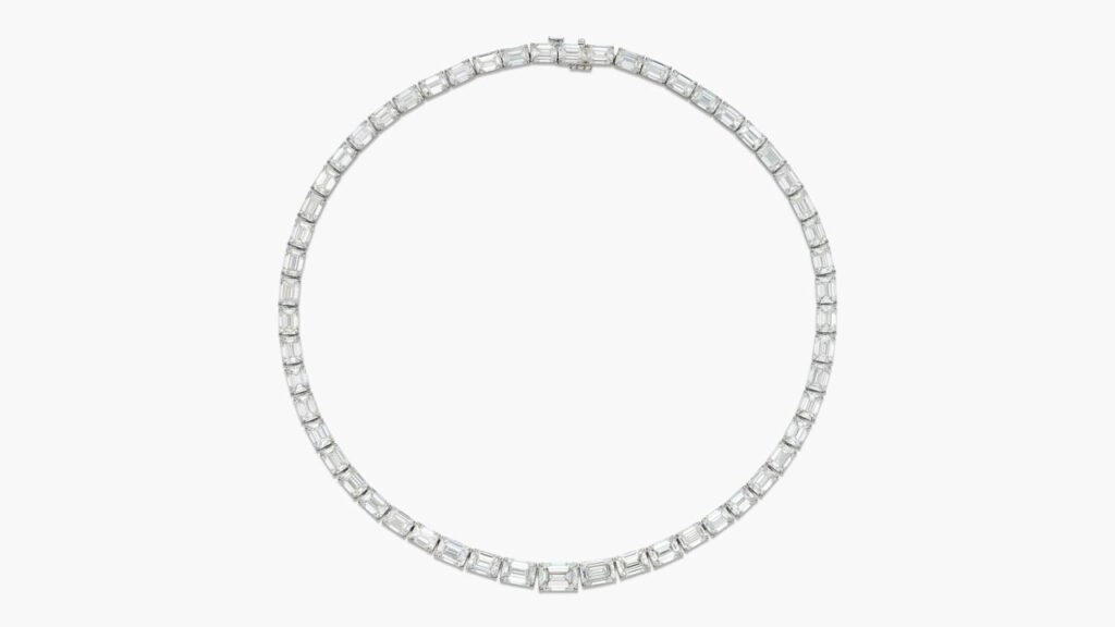 A diamond necklace with no reserve comprises a row of graduated step-cut diamonds that have a total weight of 61.72 carats, G to I color and internally flawless to VS2 clarity at Sotheby's image