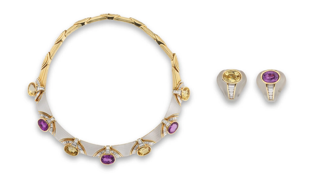 A Bulgari demi-parure features colored sapphires, rock crystal and diamond at Phillips image
