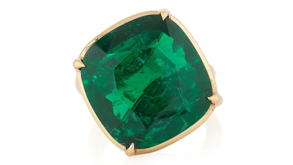 A ring bearing a 14.69-carat Colombian emerald at Phillips image