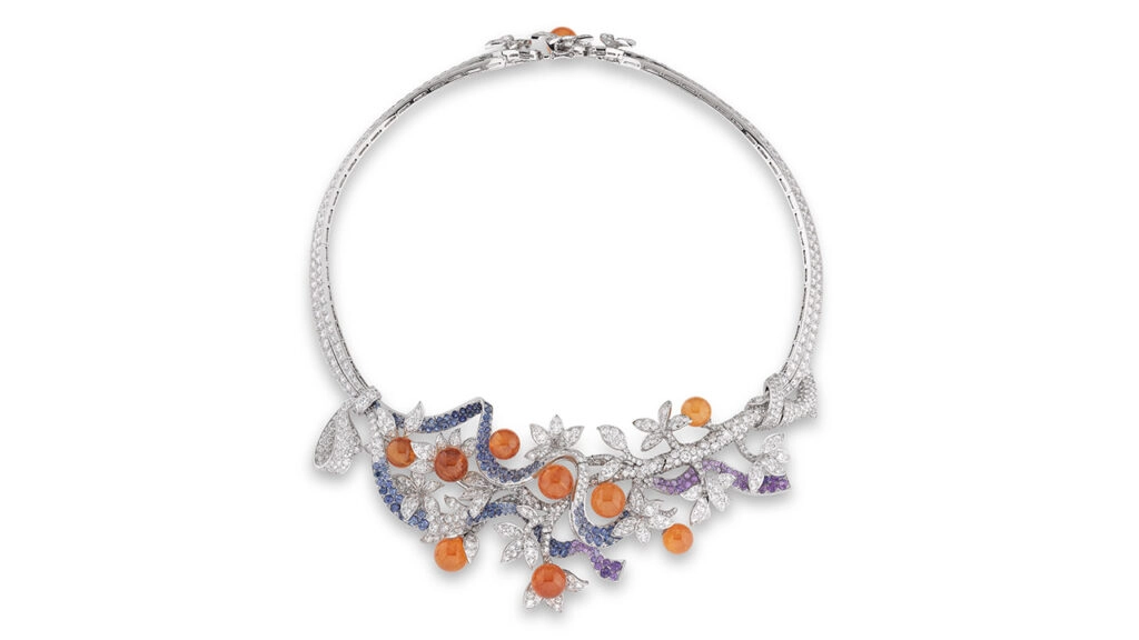 A Van Cleef & Arpels Les Jardins necklace contains sapphire, colored sapphire, garnet and diamonds at Phillips image