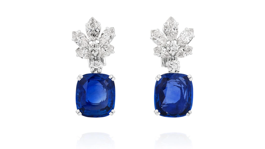 A pair of earrings sporting 12.31- and 12.69-carat Ceylon sapphires at Phillips image