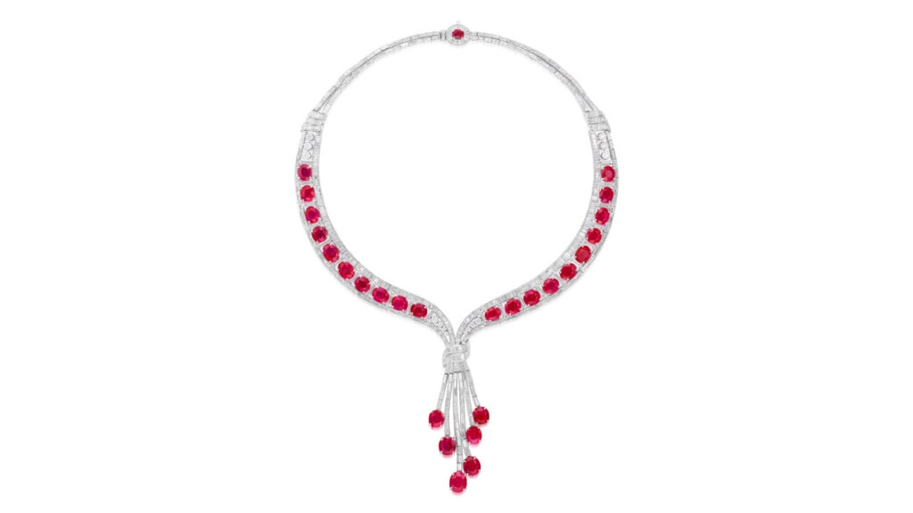 Another ruby necklace, this one comprising 27 oval and cushion-shaped Burmese rubies weighing 40 carats in total. The piece also suspends a tassel and features baguette, tapered baguette and brilliant-cut diamonds around the necklace at Phillips image