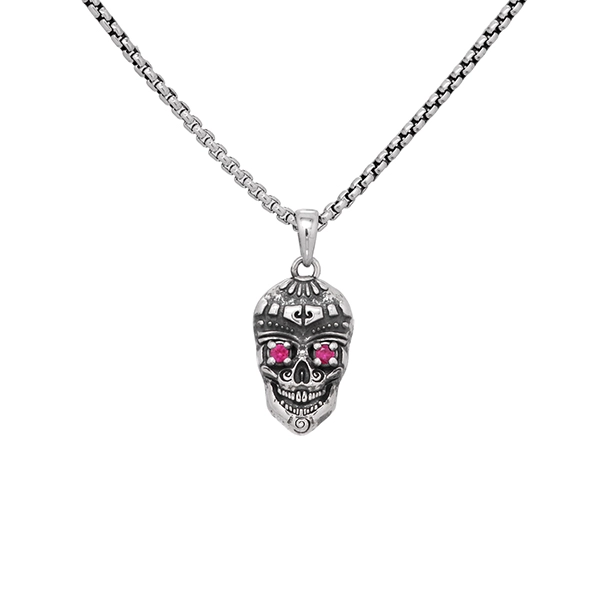 SantanaNowUnidadSilverSkullNecklaceFrontredsapphire