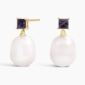14K Yellow GoldGigi Lab Alexandrite and Baroque Cultured Pearl Earrings