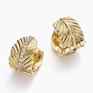 14K Yellow GoldJane Goodall Leaf Lab Diamond Huggie Earrings