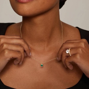 14K Yellow GoldHeart Shaped Lab Emerald Bezel Pendant Necklace