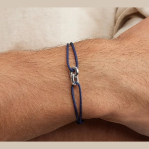 Linked Cord Bracelet Sterling Silver, Blue Cord