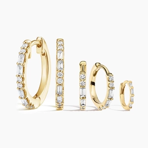 14K Yellow GoldBaguette Diamond Hoop Earring Set
