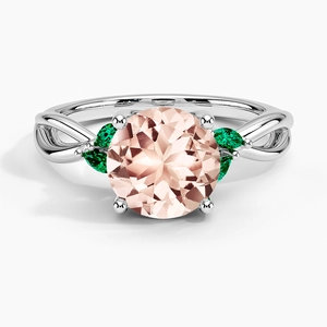 Morganite Willow Ring with Lab Emerald AccentsSet with 8mm Peach Round Morganite